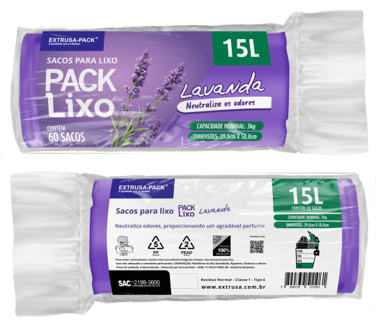 SACO DE LIXO LAVANDA 15 LITROS (39X58 CM) - FARDO COM 10 ROLOS (60 UND POR ROLO)