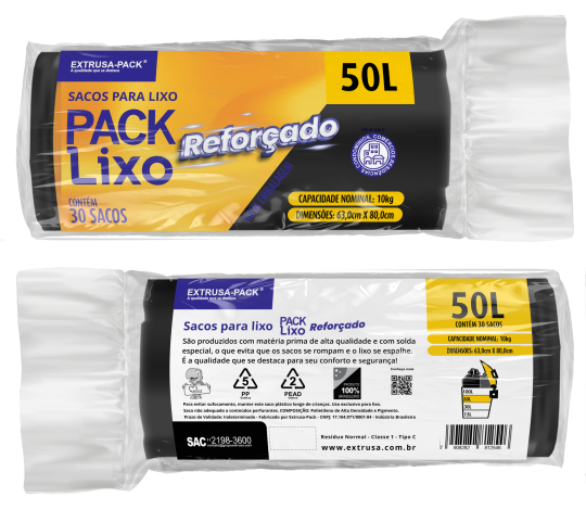 SACO DE LIXO REFORÇADO 50 LITROS PRETO (63X80 CM) - FARDO COM 10 ROLOS (30 UND POR ROLO)