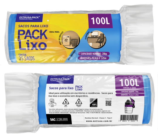 SACO DE LIXO 100 LITROS AZUL (75X105 CM) – FARDO COM 10 ROLOS (25 UND POR ROLO)